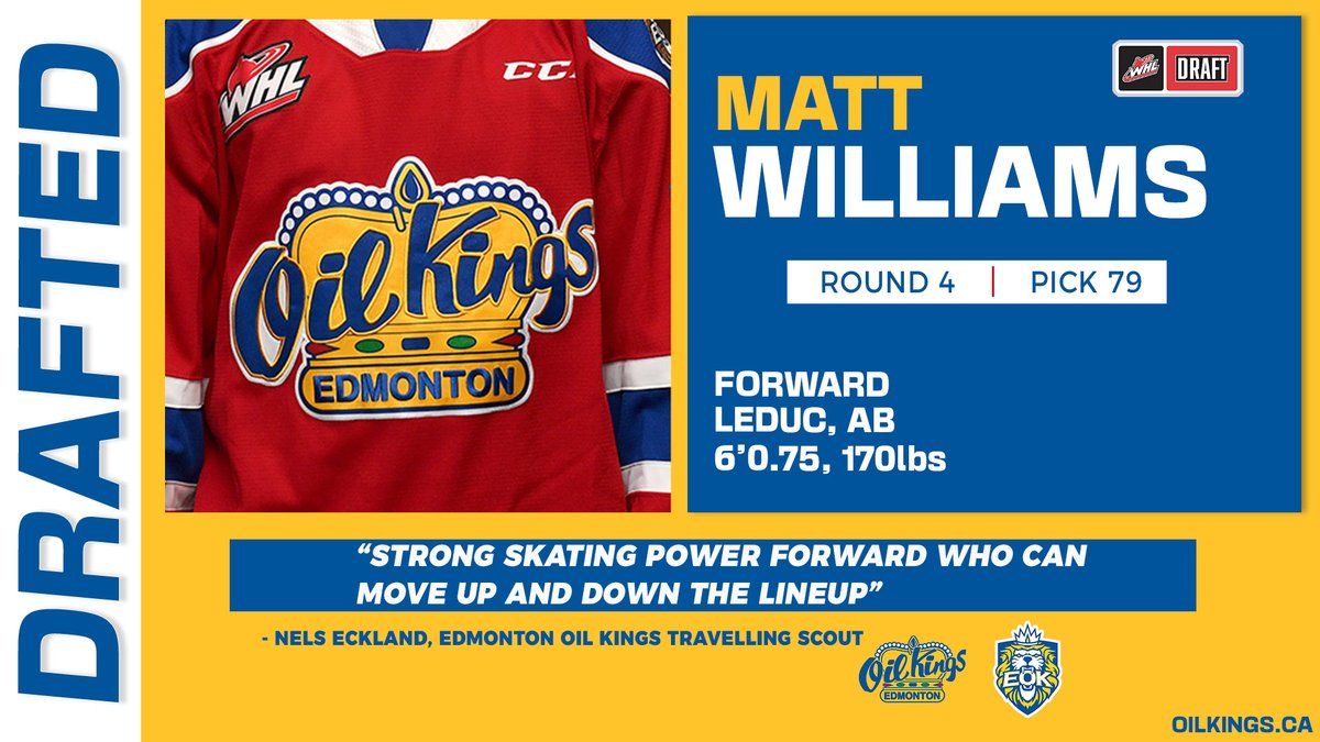 EdmOilKings's tweet image. With the 79th overall pick in the 2023 WHL Prospects Draft, the #OilKings have selected F Matt Williams from Leduc Oil Kings U15 AAA.  

Welcome to the #OilKings family, Matt!       

#representEOK
