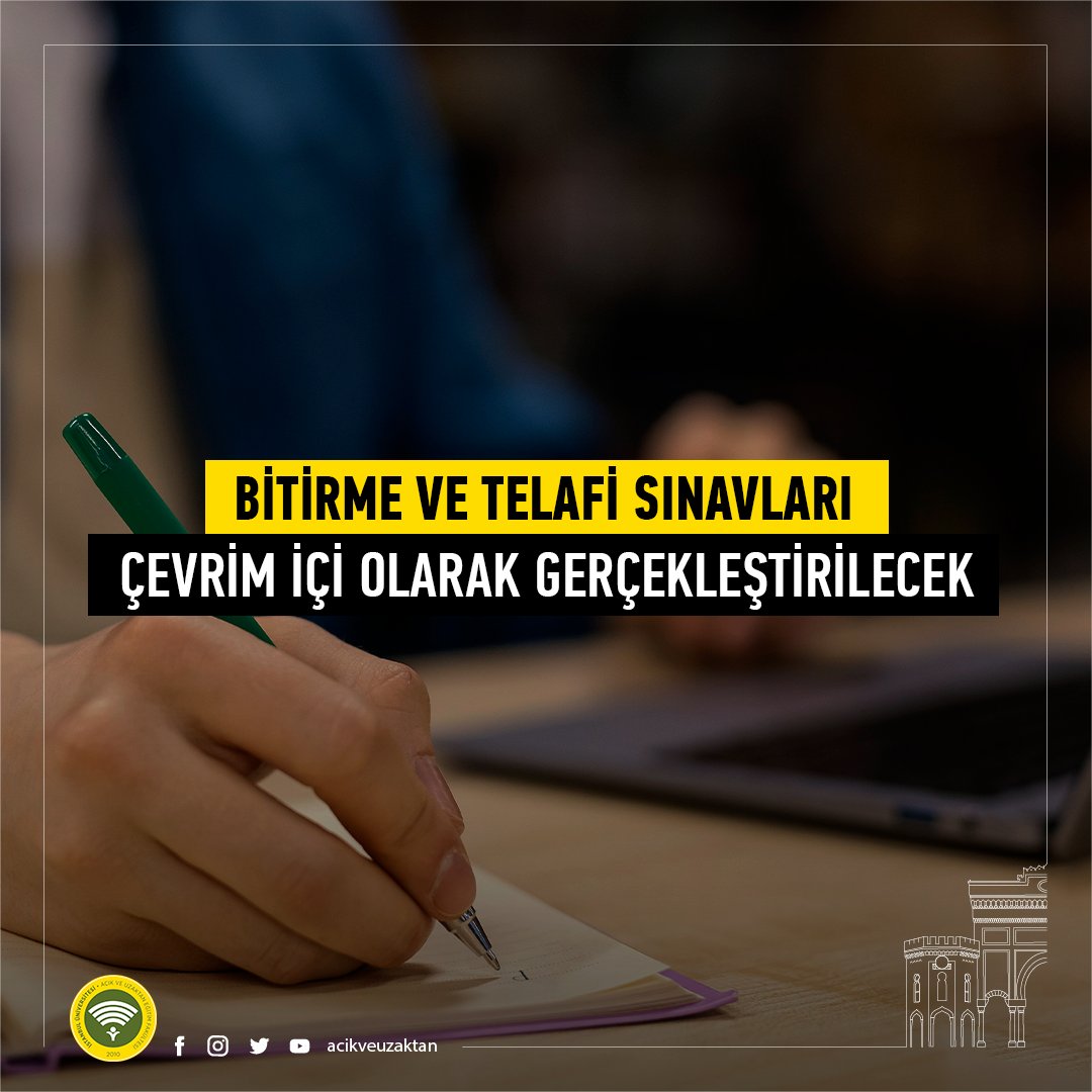 Değerli Öğrencilerimiz,
İstanbul Üniversitesi Senatosu’nda alınan karar gereğince AUZEF 2022-2023 eğitim-öğretim yılı bahar yarıyılı bitirme (final) ve telafi (bütünleme) sınavları çevrim içi (online) olarak yapılacaktır.

Sınavlarınızda başarılar dileriz.