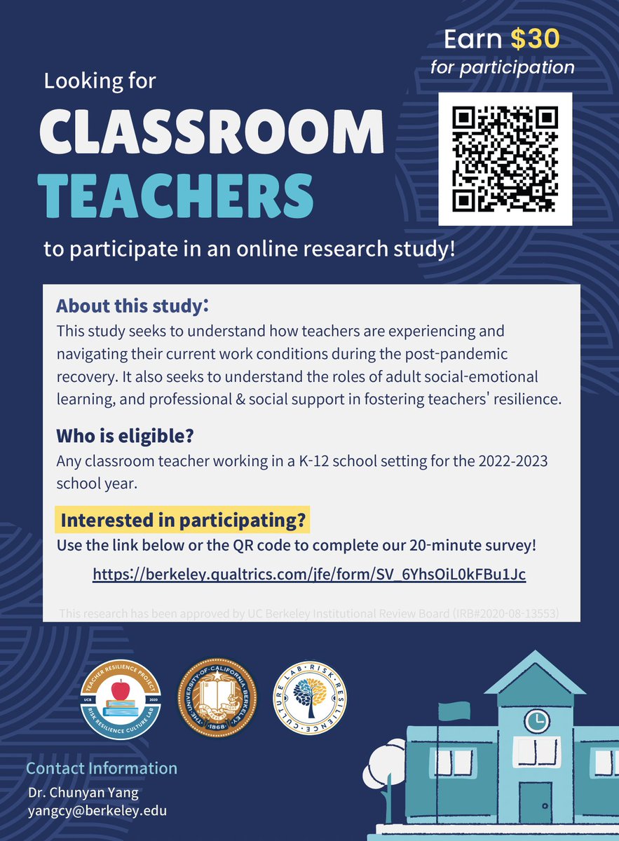 Chunyan Yang (@chunyan_y) on Twitter photo Thank you <a href="/TravisJBristol/">Travis J. Bristol</a> and everyoneπ We have extended the survey deadline to recruit more K-12 classroom teachers to help us understand teachers' experiences during the post-pandemic recovery. Please help share/retweet the updated flyer. Survey link berkeley.qualtrics.com/jfe/form/SV_79β¦ Thank you <a href="/TravisJBristol/">Travis J. Bristol</a> and everyoneπ We have extended the survey deadline to recruit more K-12 classroom teachers to help us understand teachers' experiences during the post-pandemic recovery. Please help share/retweet the updated flyer. Survey link berkeley.qualtrics.com/jfe/form/SV_79β¦