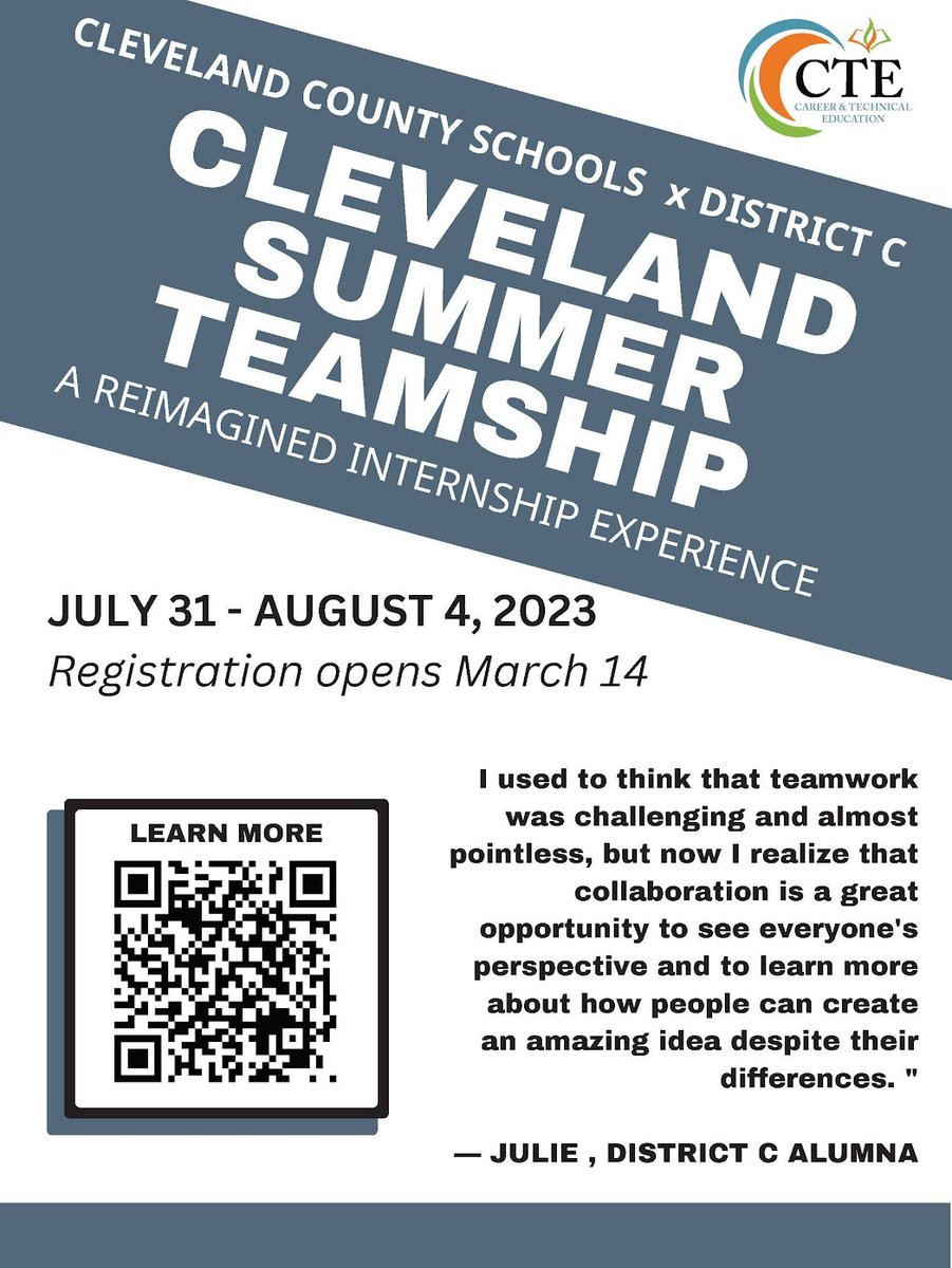 Cleveland County CTE (@cteccs) on Twitter photo CCS and District C Summer Teamship promises to be an unforgetable experience for 24 high school students. Students will solve real problems for real businesses in Cleveland County. Students must register by June 2nd. Scan link below for more information.
<a href="/CleveCoSchools/">ClevelandCountySchs</a> #cteworks CCS and District C Summer Teamship promises to be an unforgetable experience for 24 high school students. Students will solve real problems for real businesses in Cleveland County. Students must register by June 2nd. Scan link below for more information.
<a href="/CleveCoSchools/">ClevelandCountySchs</a> #cteworks