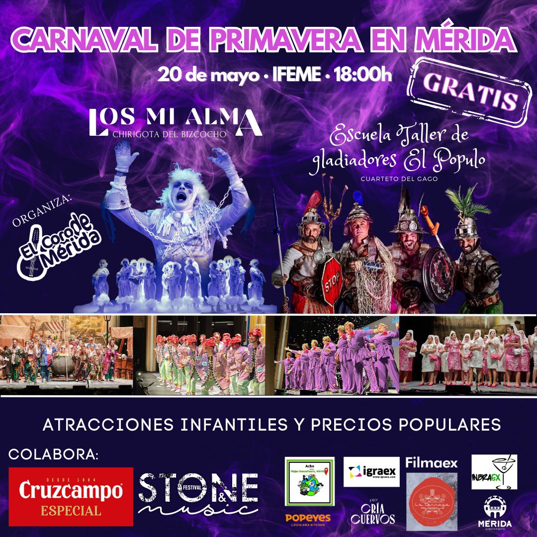 📣 𝗖𝗮𝗿𝗻𝗮𝘃𝗮𝗹 𝗱𝗲 𝗽𝗿𝗶𝗺𝗮𝘃𝗲𝗿𝗮 𝗲𝗻 𝗠𝗲́𝗿𝗶𝗱𝗮

📆 Sábado, 20 de mayo
📍 IFEME 
⏰ 18:00 

Entrada: GRATUITA 

🔴 <a href="/ChirigotaBizc8/">la CHIRIGOTA del BIZCOCHO</a> 
🔴 <a href="/gagodecadi/">🏳️‍🌈Ángel Gago 🏳️‍🌈✊🏻</a> 

Y de Mérida: 
<a href="/LasIguales/">Comparsa Las Iguales</a> 
<a href="/Lokacostao/">Chirigota Lokácostao</a> 
<a href="/lamarara/">Chirigota La Marara</a> 
<a href="/lasfanaticasss/">Chirigota Las Fanáticas</a> 

Con atracciones infantiles y precios populares