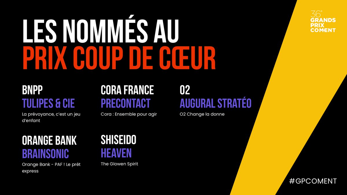 communicantsfr's tweet photo. Les nommés pour le Prix Coup de Coeur des 36es #GPCOMENT sont : @SHISEIDO_Brand, @OrangeBankFR, @O2careservices, @Corafrance, @BNPParibas https://t.co/veh2OsChCC