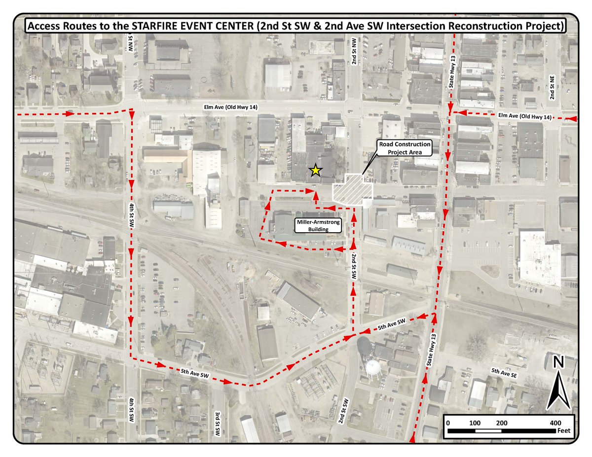 CITYOFWASECA's tweet photo. New Map 
2nd St SW &amp; 2nd Ave SW Intersection reconstruction Project scheduled 2 begin Monday, May 15, project scheduled for 30 working days &amp; weather permitting expected 2B completed late June.  This intersection will be closed to traffic. Access to Starfire Event Center below https://t.co/2HvljcWinT