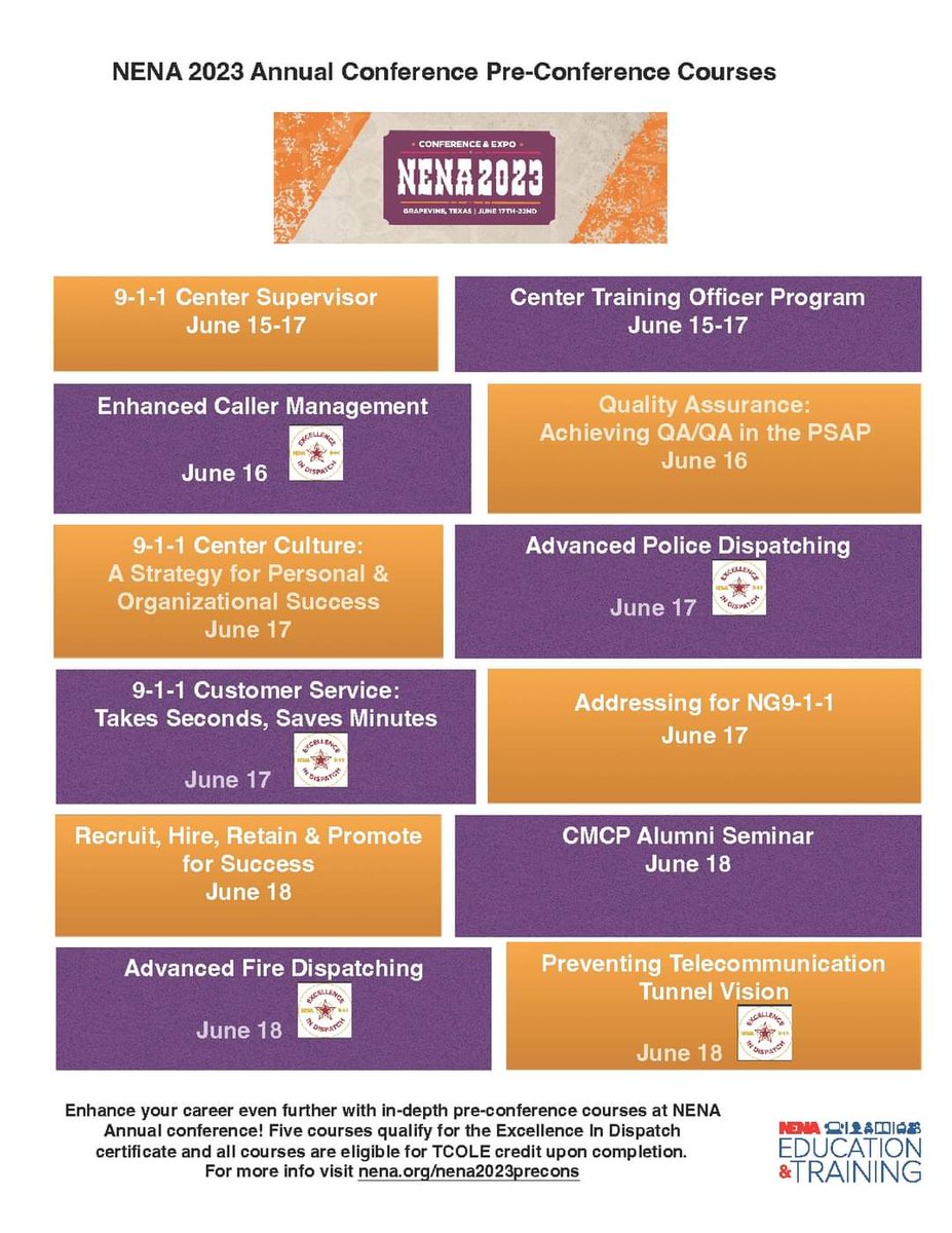Texas_NENA's tweet photo. 📣Enhance your career even further with in-depth pre-conference courses at NENA - National Emergency Number Association Annual Conference! 
All courses are eligible for TCOLE credit upon completion. 
For more info visit https://t.co/nE9FscJ3uV https://t.co/pK36vCHJVO