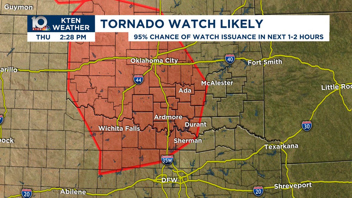 2:30 PM - A TORNADO WATCH is likely to be issued for many of our Texoma counties in the next 1-2 hours. Remain weather aware this evening as severe weather remains possible! #txwx #okwx #texomawx