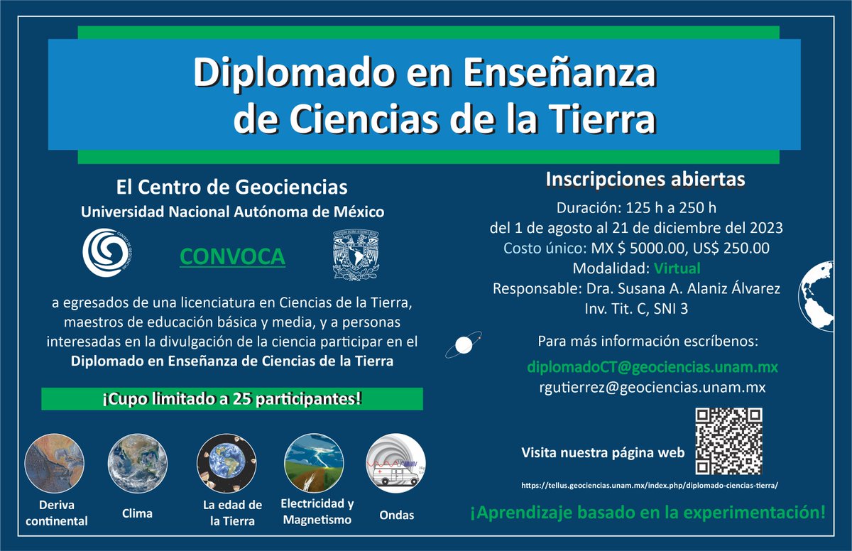 GeocienciasUNAM's tweet photo. 📢 El Centro de Geociencias UNAM invita a egresados de la Licenciatura en Ciencias de la Tierra, profesores de educación básica y media, así como a aquellas personas interesadas en la divulgación de la ciencia a participar en el "Diplomado en Enseñanza de Ciencias de la Tierra". https://t.co/IAzp2XWGt4