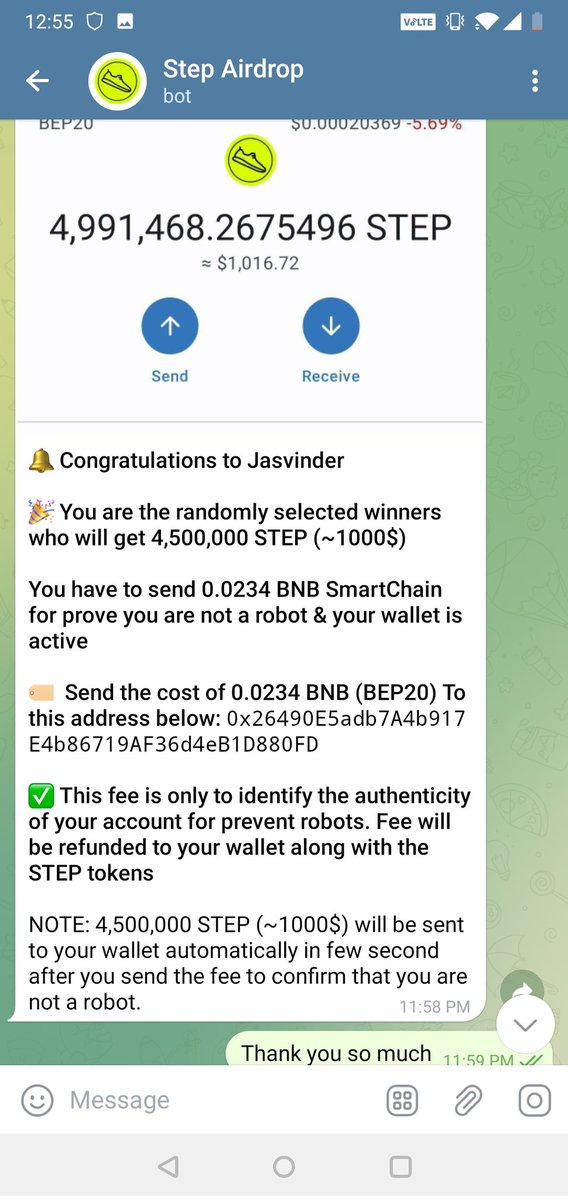 jasvinder1771's tweet photo. @WalkWithSTEP I received a message regarding Airdrop on telegram, After transferring the money to your address, I didn't receive my airdrop yet, Have i been cheated? https://t.co/K4KwH7Sx2f
