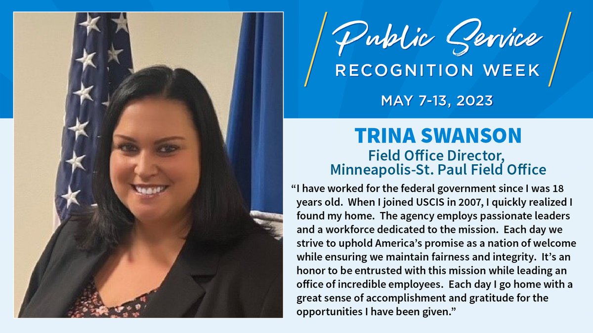 The desire to serve one’s country comes in many forms. Trina has been with USCIS since she found her ‘home’ in 2007. She was awarded the <a href="/DHSgov/">Homeland Security</a> Secretary’s Exceptional Service Gold Medal for her hard work as a field office director. Congrats! #PublicServiceRecognitionWeek