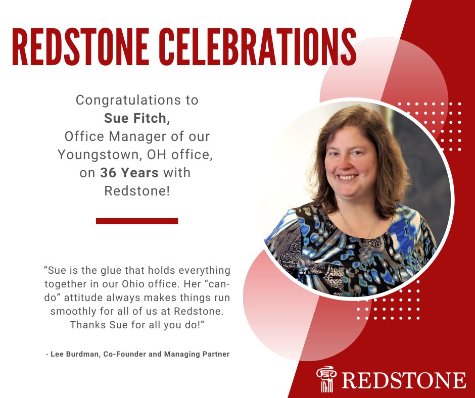 Today marks Sue Fitch's 36-year anniversary with Redstone Investments! Sue started with the Redstone family before Redstone Investments was even formed. We are so grateful to have you a part of our team and are looking forward to the years to come. Congratulations &amp; Thank You!