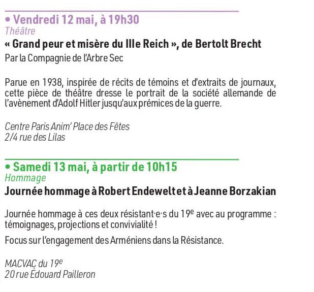 Rendez-Vous Vendredi 12 Mai 19h30 venez voir Grandeur et misère du IIIe Reich par la Compagnie de l’arbre sec au Centre Paris Anim Place des Fêtes #MoisDesMemoires #Paris19