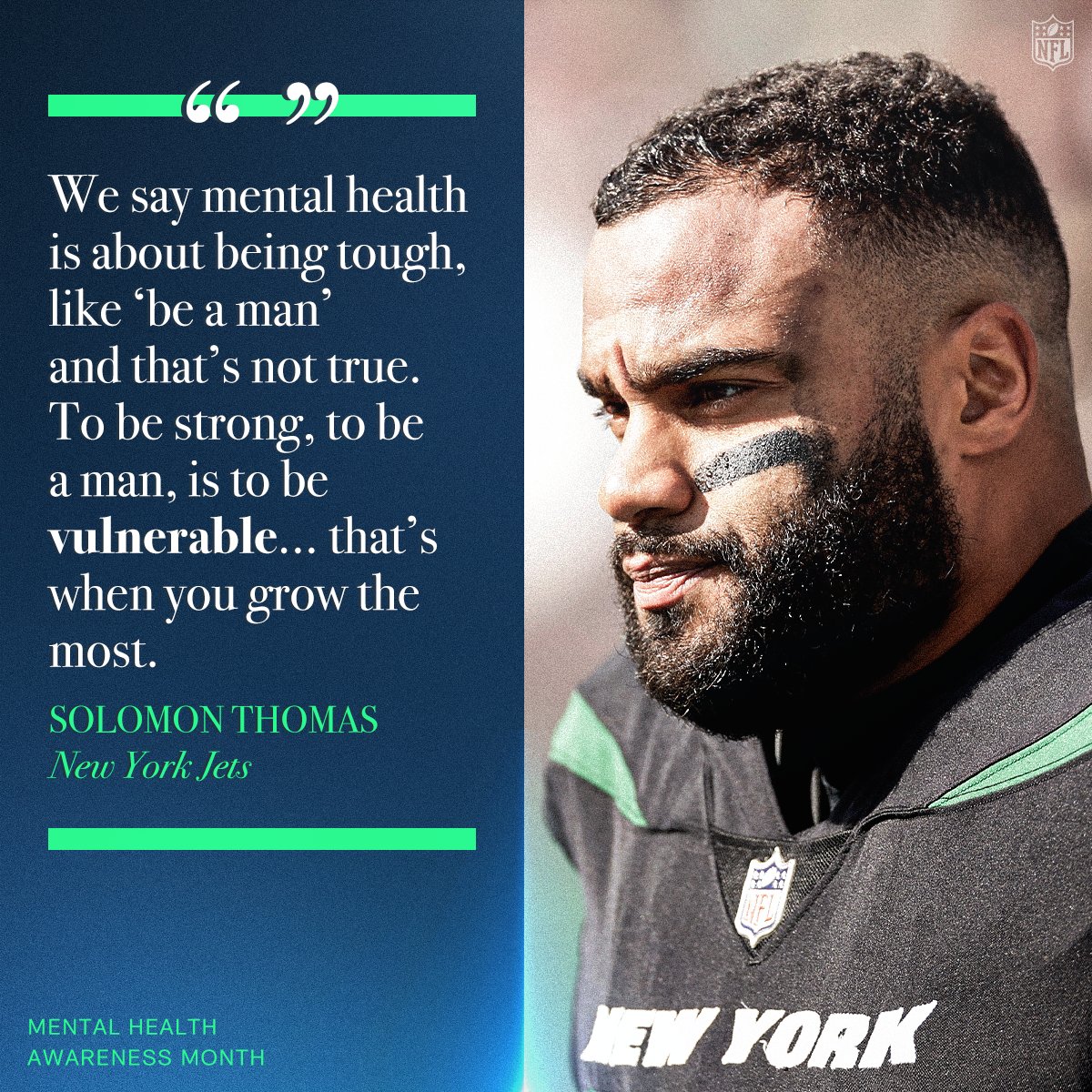 NFL (@nfl) on Twitter photo During #MentalHealthAwarenessMonth, the NFL is amplifying the voices of players who use their platforms to promote mindful practices and remove the stigma around mental health and mental illness.
Few do that better than <a href="/SollyThomas90/">Solomon Thomas</a> 💚 During #MentalHealthAwarenessMonth, the NFL is amplifying the voices of players who use their platforms to promote mindful practices and remove the stigma around mental health and mental illness.
Few do that better than <a href="/SollyThomas90/">Solomon Thomas</a> 💚
