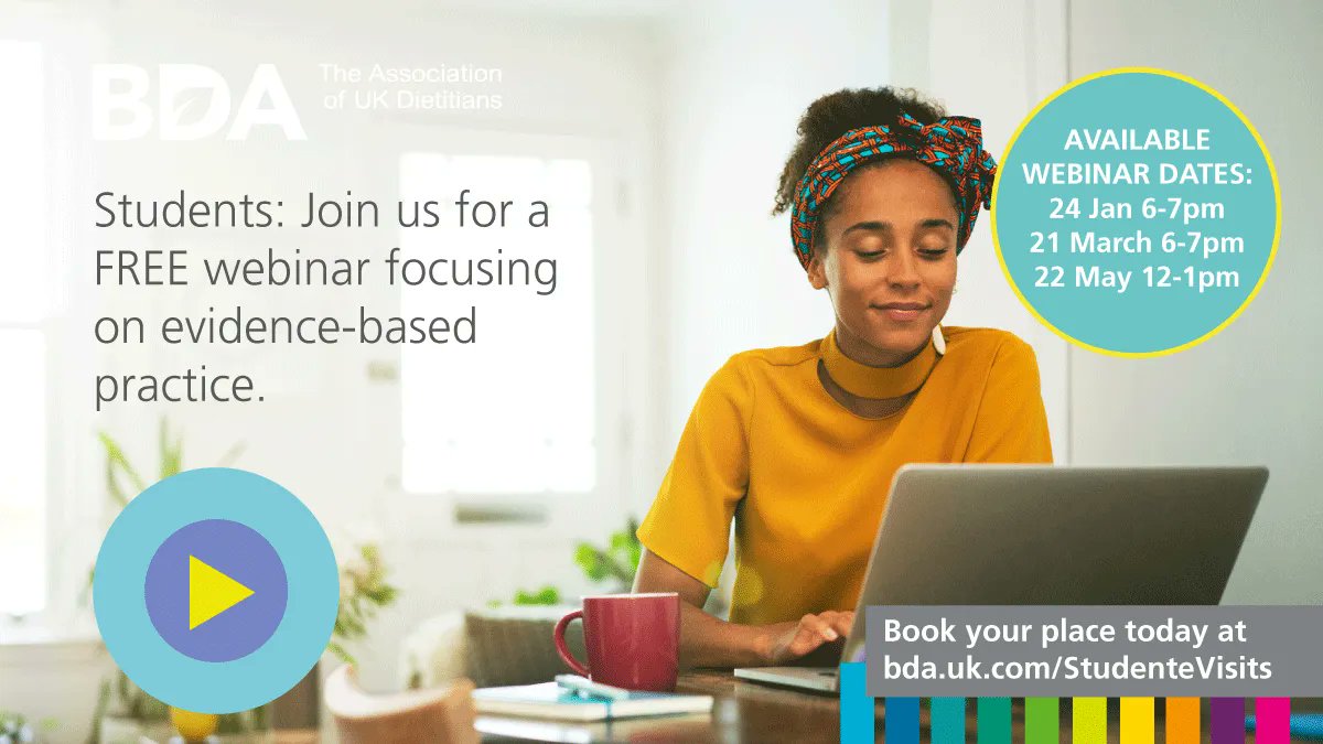 Our final evidence-based practice webinar for students this academic year takes place on 22 May. Find out how the BDA supports you to be evidence-based dietitians in this FREE lunchtime webinar. Register here: buff.ly/41KhB2P #RD2b