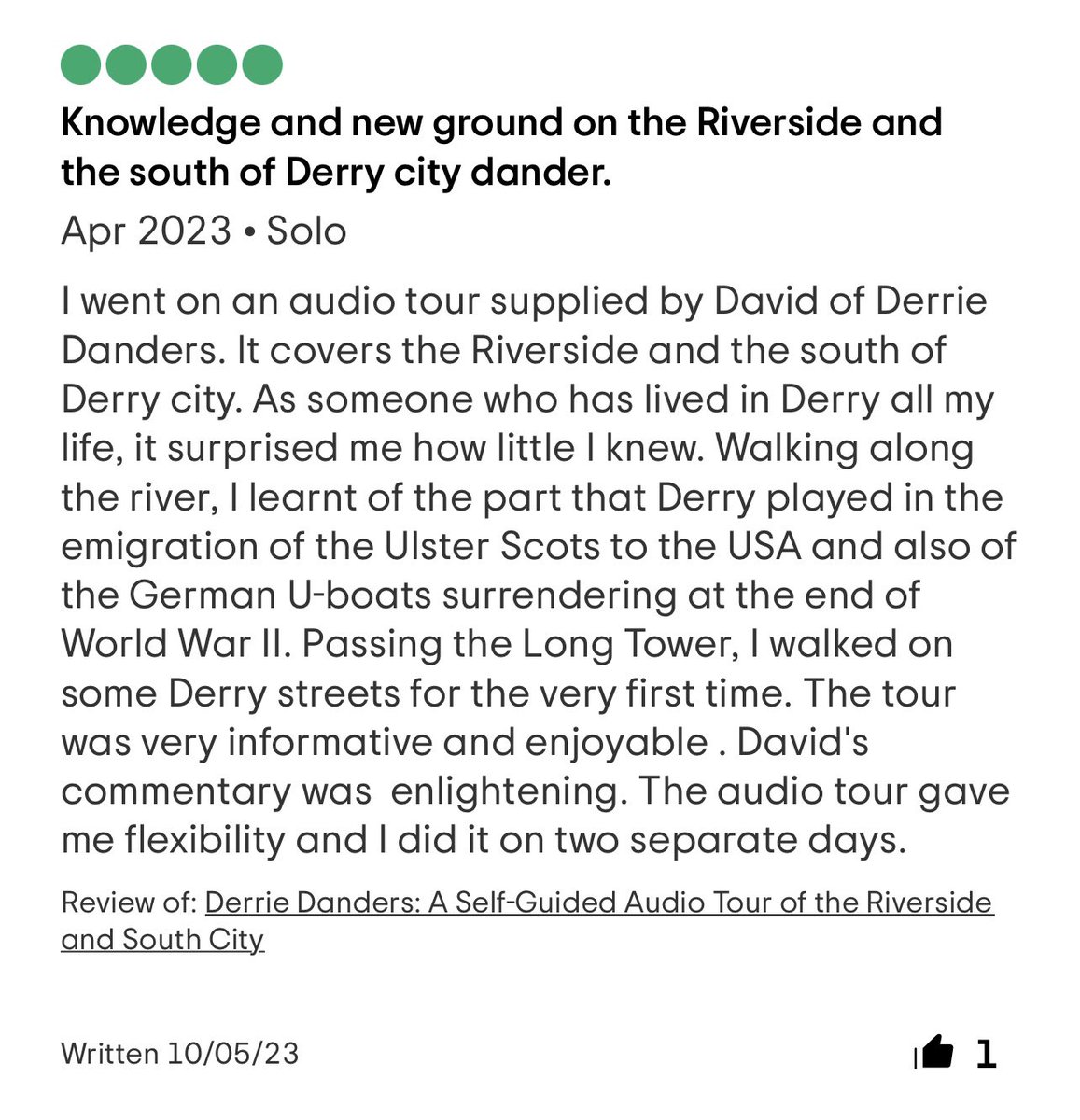 DerrieDanders's tweet image. Some recent positive reviews of my Riverside and South City audio tour
Check out the full range for Derry/Londonderry at VoiceMap.me.
Retail price from £5 approx. 
Reached the 500 download total today.
#derriedanders #voicemap #visitderry