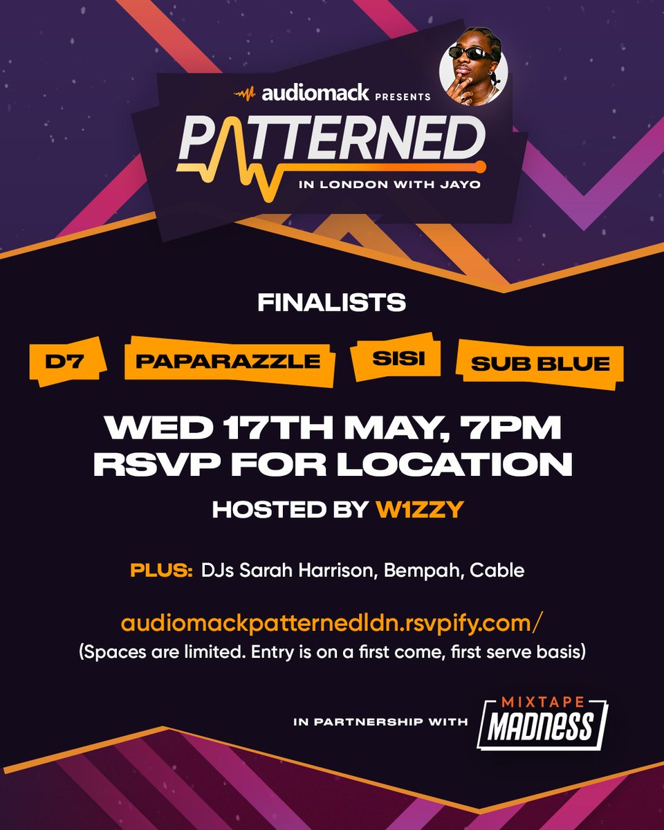 audiomack's tweet photo. our #Patterned finalists are IN! 

watch @sisixofficial, @d7mtp_, @iamsubblue, &amp; @paparazzle team up with @jayoagain for an intimate live event showcase that amplifies emerging UK talent.

RSVP: https://t.co/b3iOg4kNhb https://t.co/XYkCWBCgk3