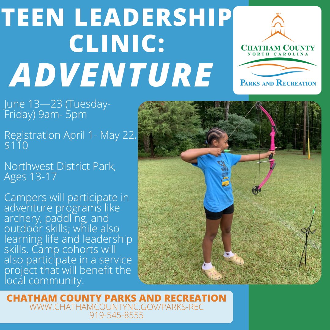ChatCoParksRec's tweet photo. Do you have a teen who is ready for adventure? Join us for this brand new program, Teen Leadership Clinic: Adventure! Registration closes May 22 so head over to https://t.co/0jOkloVJ0N to sign up today! https://t.co/ZVIZBVn2By