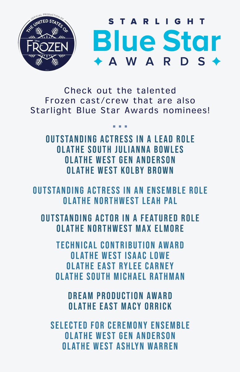 FrozenPremiere's tweet photo. Look at how many of our talented cast and crew are Blue Star Awards nominees! @KCStarlight @mtishows @schooltheatre @olatheschools https://t.co/vd2oPTakZd