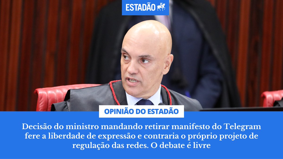 Estadao's tweet photo. EDITORIAL: ‘Alexandre de Moraes, o censor’ – As atribuições jurisdicionais do ministro não o autorizam a definir o que é ou não é desinformação, tampouco a dizer se determinado argumento distorce a discussão pública (via @opiniao_estadao) https://t.co/5AKtaSfFf0 https://t.co/6C3bl6ntyk