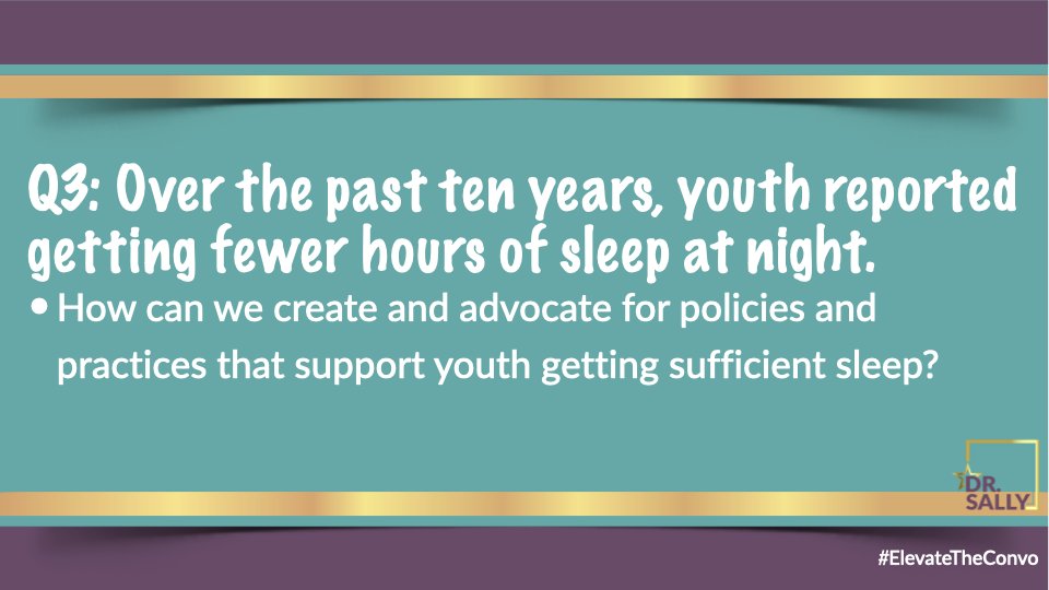 sspencerthomas's tweet photo. Q3: Over the past ten years, #youth reported getting fewer hours of #sleep at night. How can we create and advocate for policies and practices that support youth getting sufficient sleep? #ElevateTheConvo #MentalHealth #MentalHealthMonth #MentalHealthAwarenessMonth #insomia https://t.co/q0l3Llp9Nr