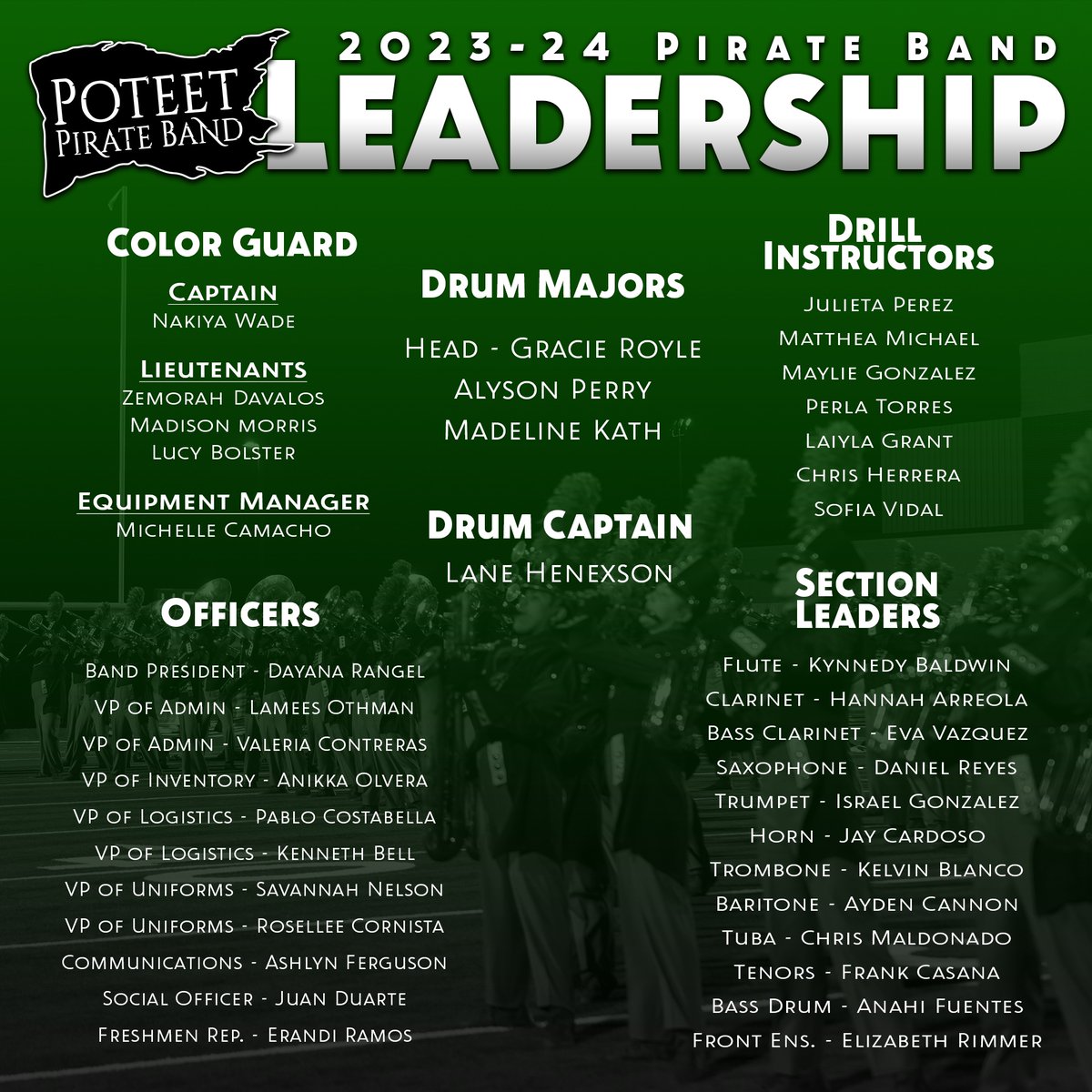 GoPirateBand's tweet photo. Introducing the 23-24 Pirate Band Leadership Team! 
#PeaceByPiece23 ✌🏽🧩
#PBLT
#gopirateband https://t.co/dNfCBMQQIK