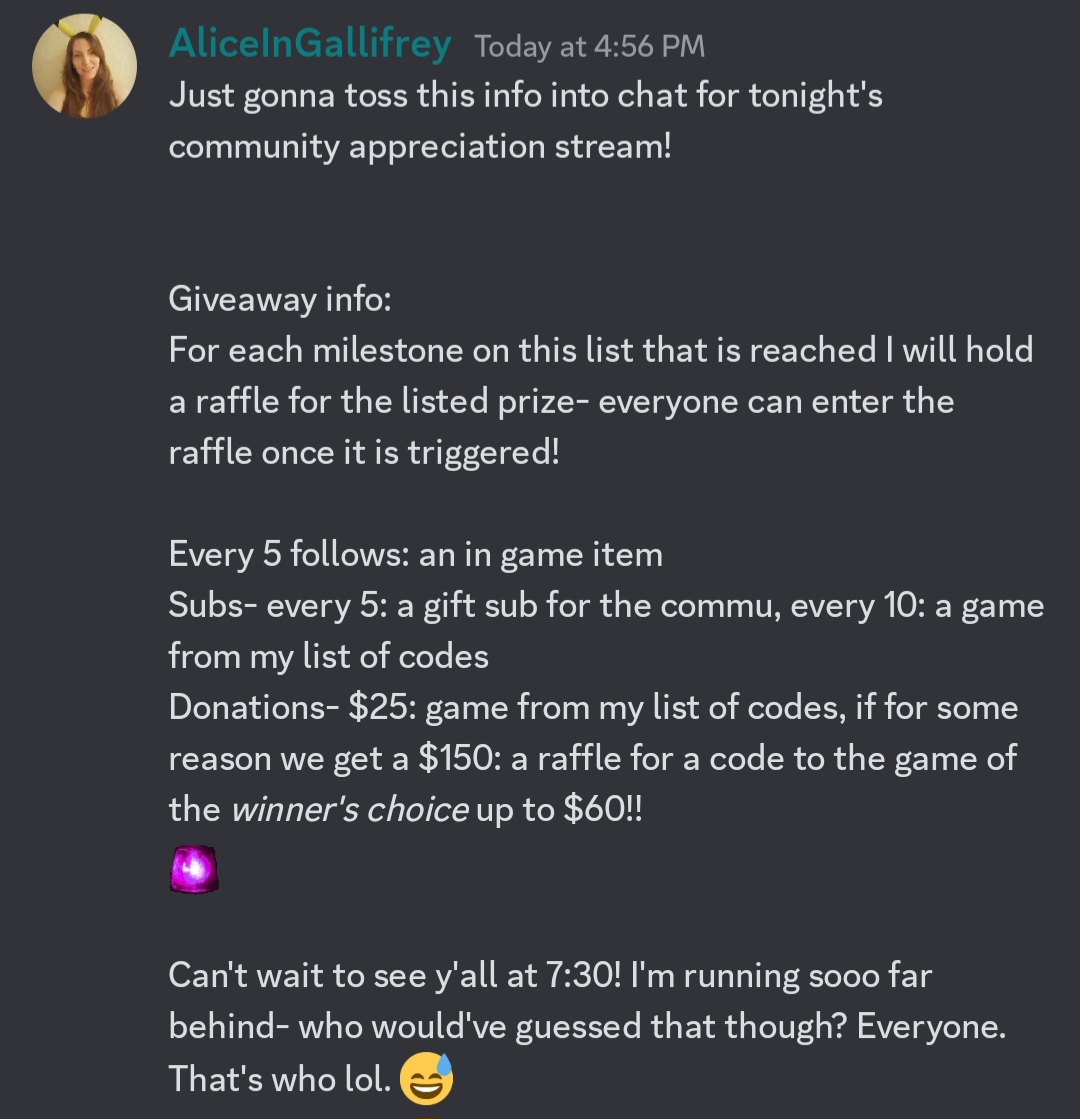 AliceGallifrey's tweet photo. Special 2k follower stream soon! Check pics for details since Twitter gags me in a non fun way lol. Link: https://t.co/CmF9FzpwqE https://t.co/4MYpV5XVqI