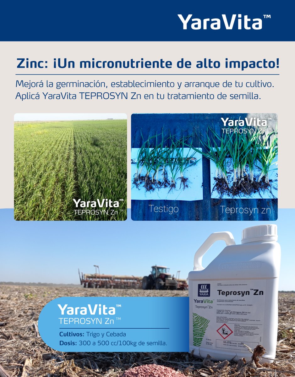 Los resultados por la aplicación de YaraVita TEPROSYN Zn están demostrados a campo: mayor desarrollo de raíces, y mejor arranque y establecimiento del cultivo. ¡Probá YaraVita TEPROSYN Zn! 🌿👨‍🌾

#Zinc #Agricultura #Cultivos #agro #CampoArgentino