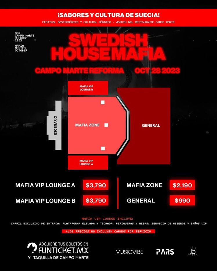 ailoviutl's tweet photo. 🎫 PRECIOS DE BOLETOS OFICIALES 🎫 

Swedish House Mafia ••• SHM
28 de Octubre 🗓️
Campo Marte 🏟️
CDMX 📍

🎟️ Precios de Boletos y Mapa 🎟️

Mafia VIP Lounge A $3,790
Mafia VIP Lounge B $3,790
Mafia Zone $2,190
General $990

💳 Fechas de Preventa 💳

Preventa BBVA: 16 y 17 de Mayo - 11:00 AM

Venta General: 18 de Mayo - 11:00 AM

Boletera: Funticket @Funticketmx 

#SHM #SwedishHouseMafia