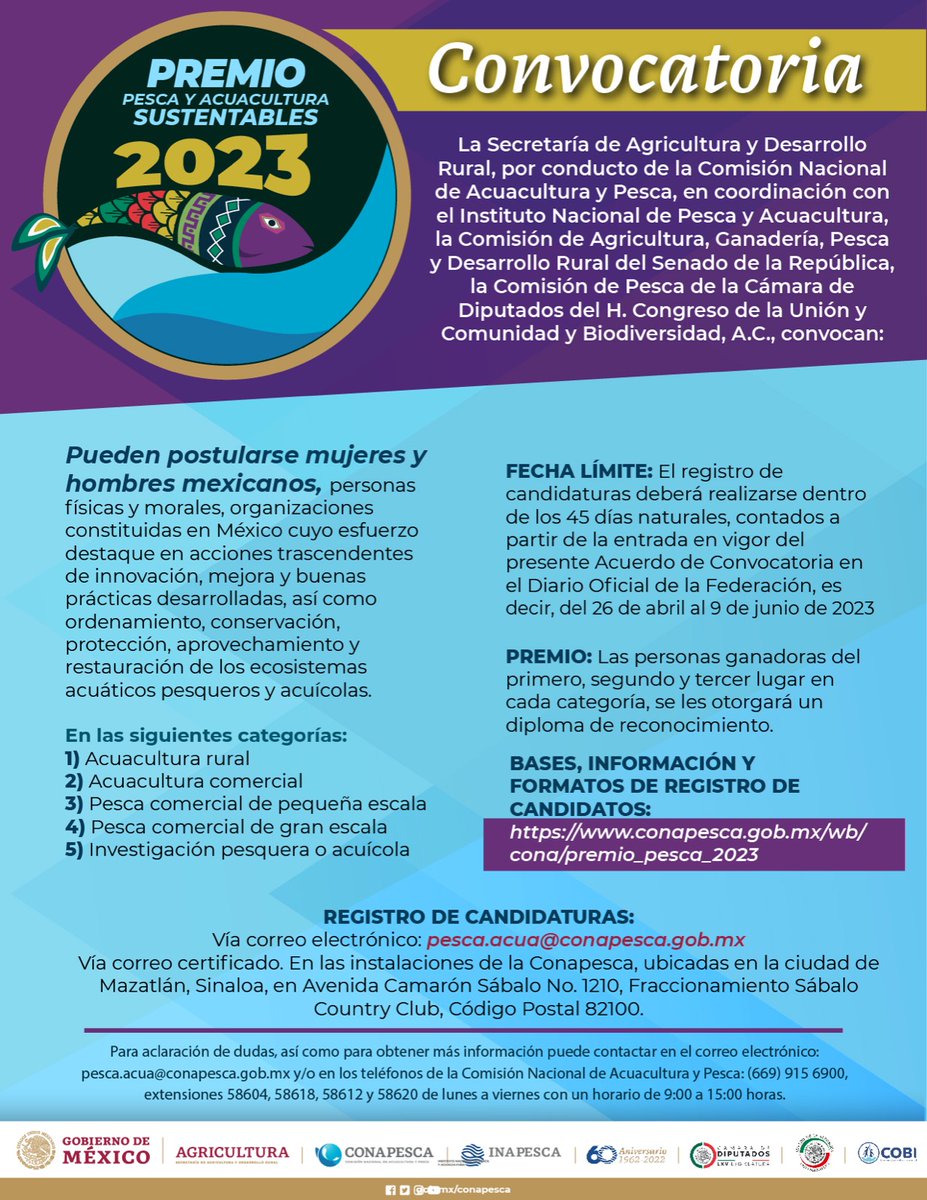 cobi_mx's tweet photo. ¡Te invitamos a participar en el Premio a la Pesca y Acuacultura Sustentables 2023!   

🗓️Las candidaturas deberán registrarse antes del 9 junio 2023. 

➡️Consulta las bases y criterios de postulación en:  https://t.co/LiS7zmIrA3 https://t.co/vnzK6s7IBi