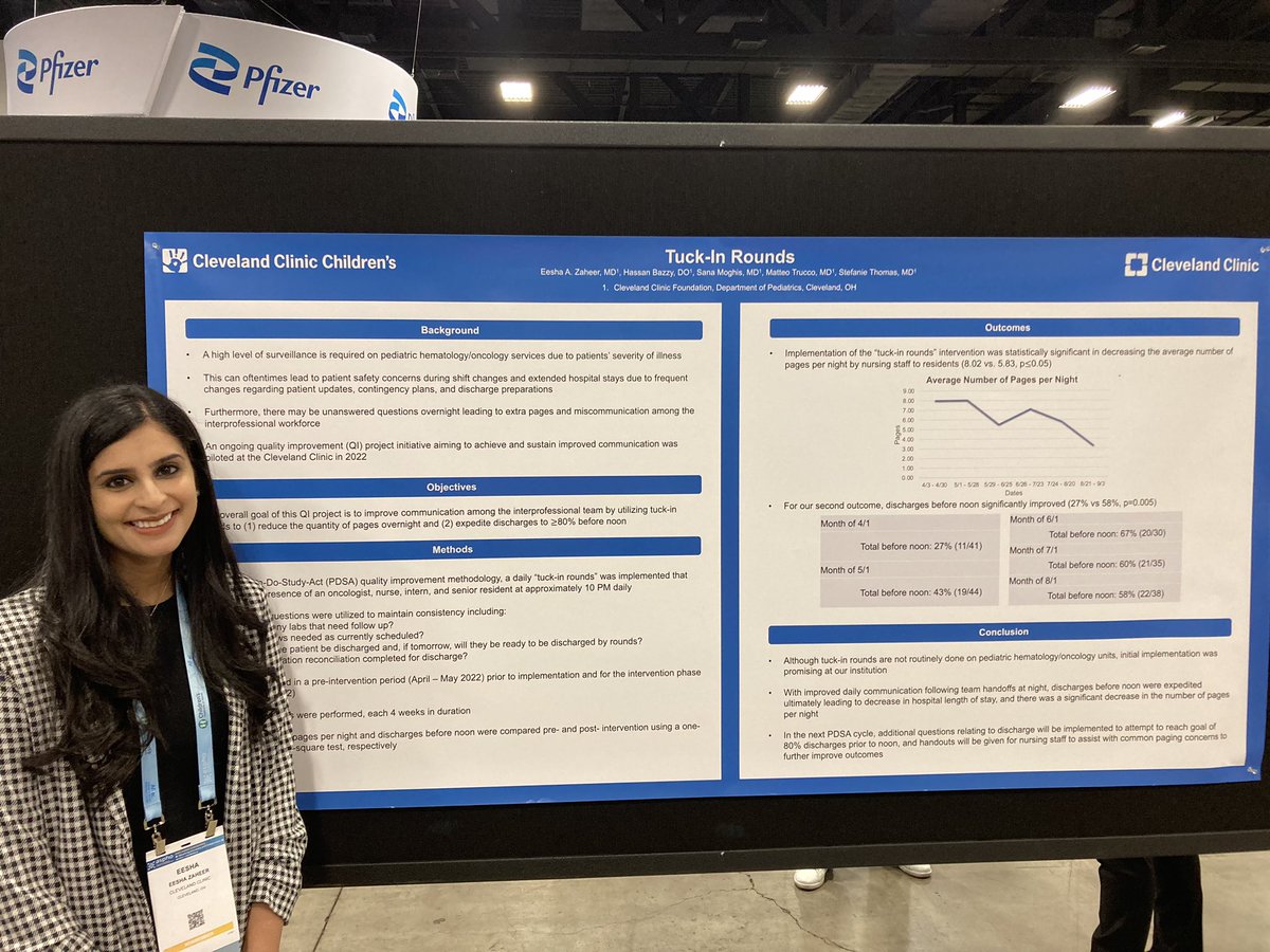 StefThomasMD's tweet photo. Our wonderful resident and future #PHOdoc @eesha_zaheer presenting her QI work on improving communication, improving discharge time, and decreasing pages by implementing “Tuck-In Rounds” at @CleClinicKids @CleClinic_PHO give her a follow https://t.co/PXDI2G9obB