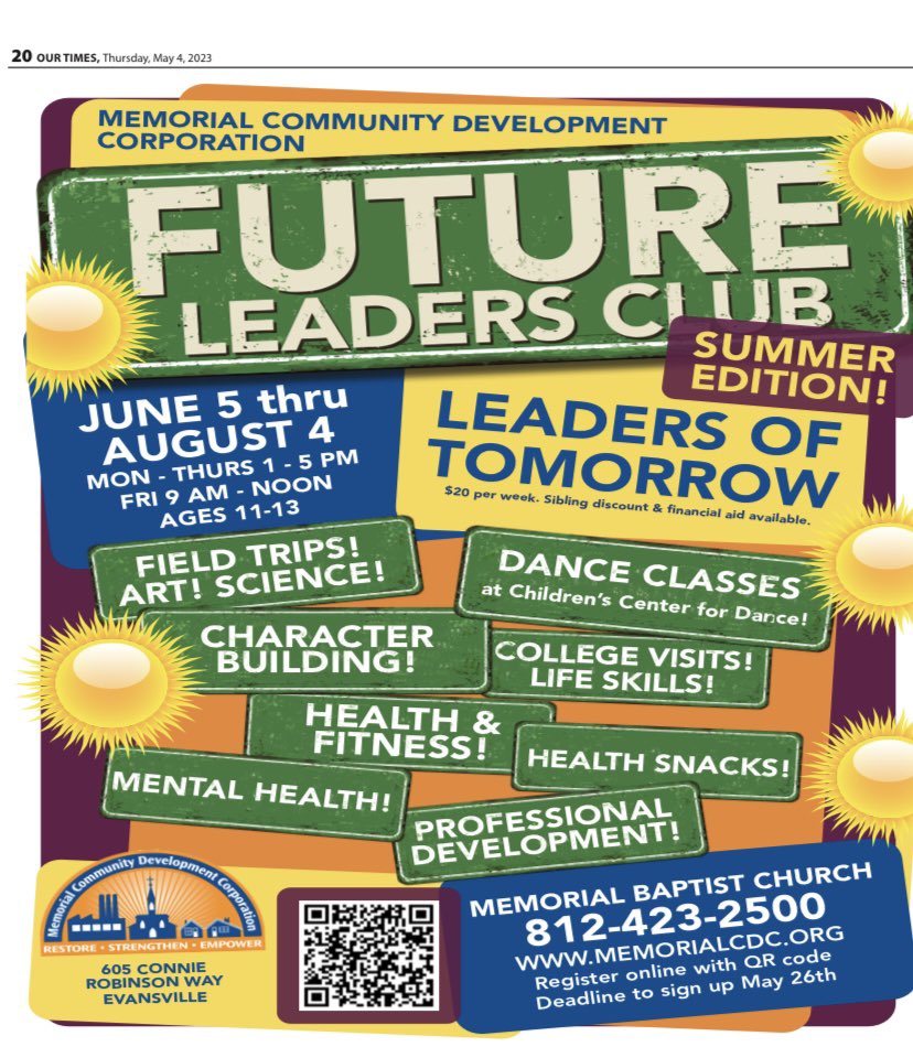 Future Leaders Club summer edition! June 5th thru August 4th Mon - Thurs 1-5 pm Fri 9 am - Noon Ages 11-13 $20 per week sibling discount and financial aid . #evansville #youthdevelopment #summer #evansvilleindiana #OurTimesNews #explore