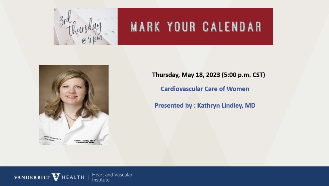 VUMCVHVIAPP (@vumcvhviapp) on Twitter photo Join us next week Thursday 5/18 @ 5pm CST for <a href="/DrKLindley/">Kathryn Lindley</a> ‘s talk on “Cardiovascular Care of Women.” If you have any questions for Dr Lindley before next weeks talk, please leave them in the comments! Join us next week Thursday 5/18 @ 5pm CST for <a href="/DrKLindley/">Kathryn Lindley</a> ‘s talk on “Cardiovascular Care of Women.” If you have any questions for Dr Lindley before next weeks talk, please leave them in the comments!