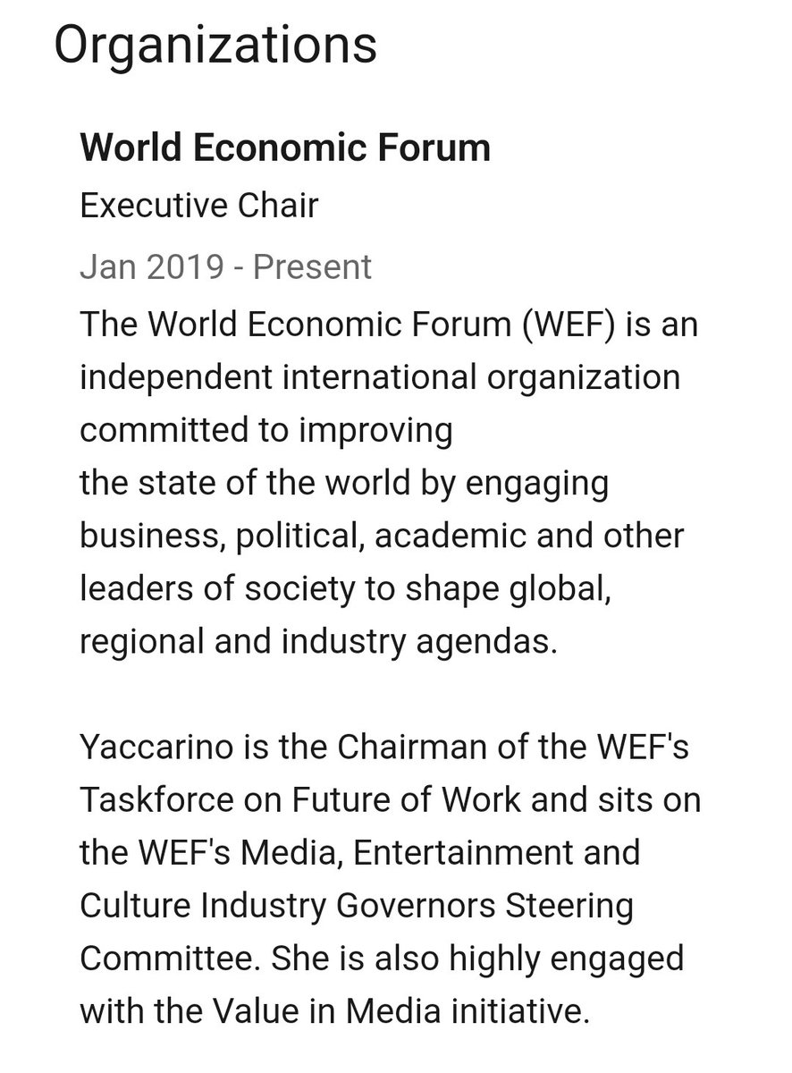 EsoShaggy's tweet photo. Linda Yaccarino is also an executive chair at the World Economic Forum(WEF) since 2019. It's to the point Linda is so bold about it, she lists the WEF in her LinkedIn!

Total globalist sellout! ✡️ https://t.co/SYDRxYdwa4
