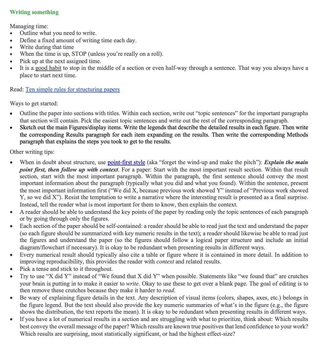 What techniques are folks using to help trainees get to a first draft (especially for their first paper)? Here's my lab handbook page on writing, but the tips are mostly technical. What's the big picture advice for going from an outline to a full paper?