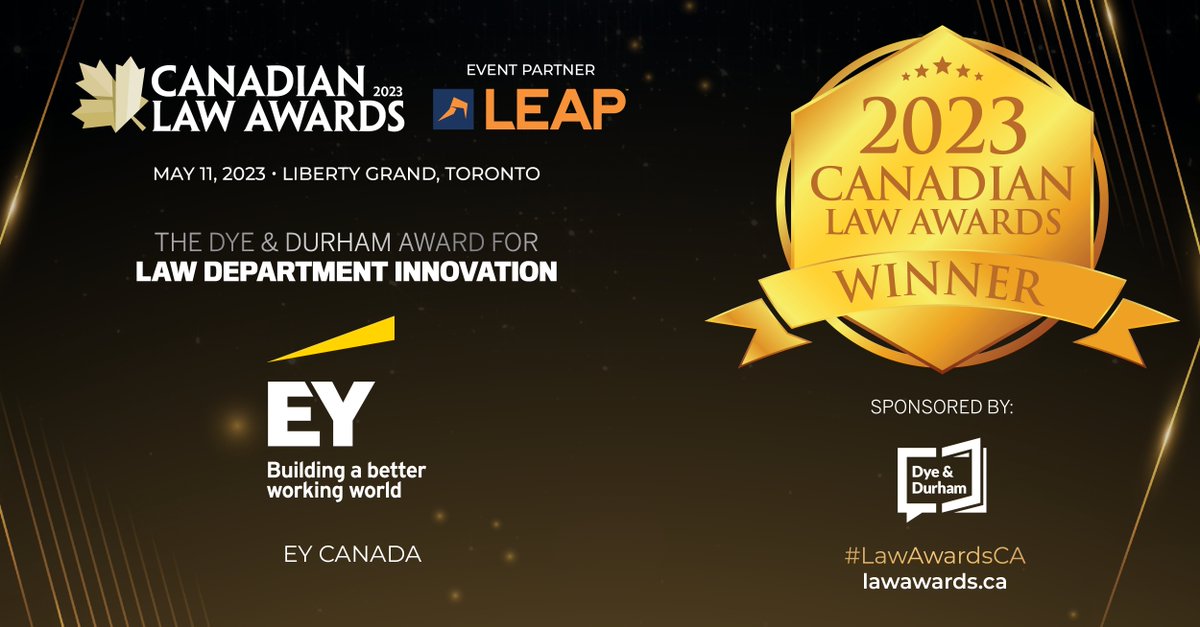 CanLawMag's tweet photo. Congratulations to EY Canada for winning The Dye &amp; Durham Award for Law Department Innovation at the 2023 Canadian Law Awards! #LawAwardsCA

https://t.co/PPouXiVDox https://t.co/JucpQZ4rN1