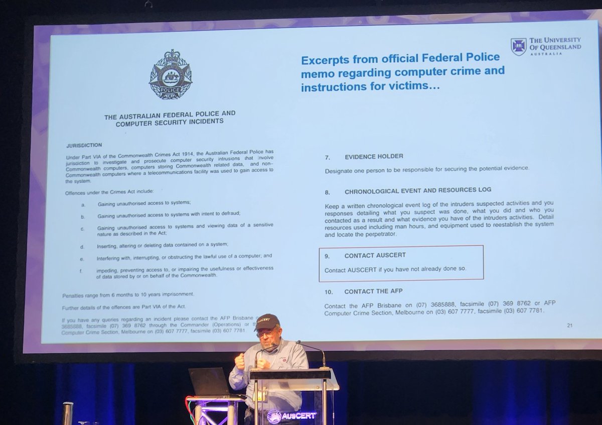 Prior to the formation of the ACSC, very little government resources were available for fighting #CyberCrime, and vintage <a href="/AusCERT/">AUSCERT</a> even assisted the Federal Police in the '90s #AusCERT2023