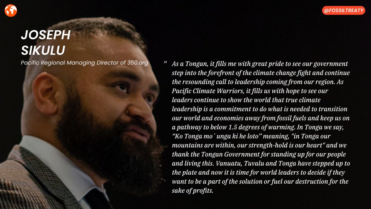 fossiltreaty's tweet photo. Tonga's support for the #FossilFuelTreaty proposal at the #5thPRETMM continues the Pacific’s strong history of climate leadership.

Joseph Sikulu of @350Pacific celebrates the government's leadership in committing to a #FossilFreePacific 👏

https://t.co/cnmf4EGkEr https://t.co/B1PED4Ajve