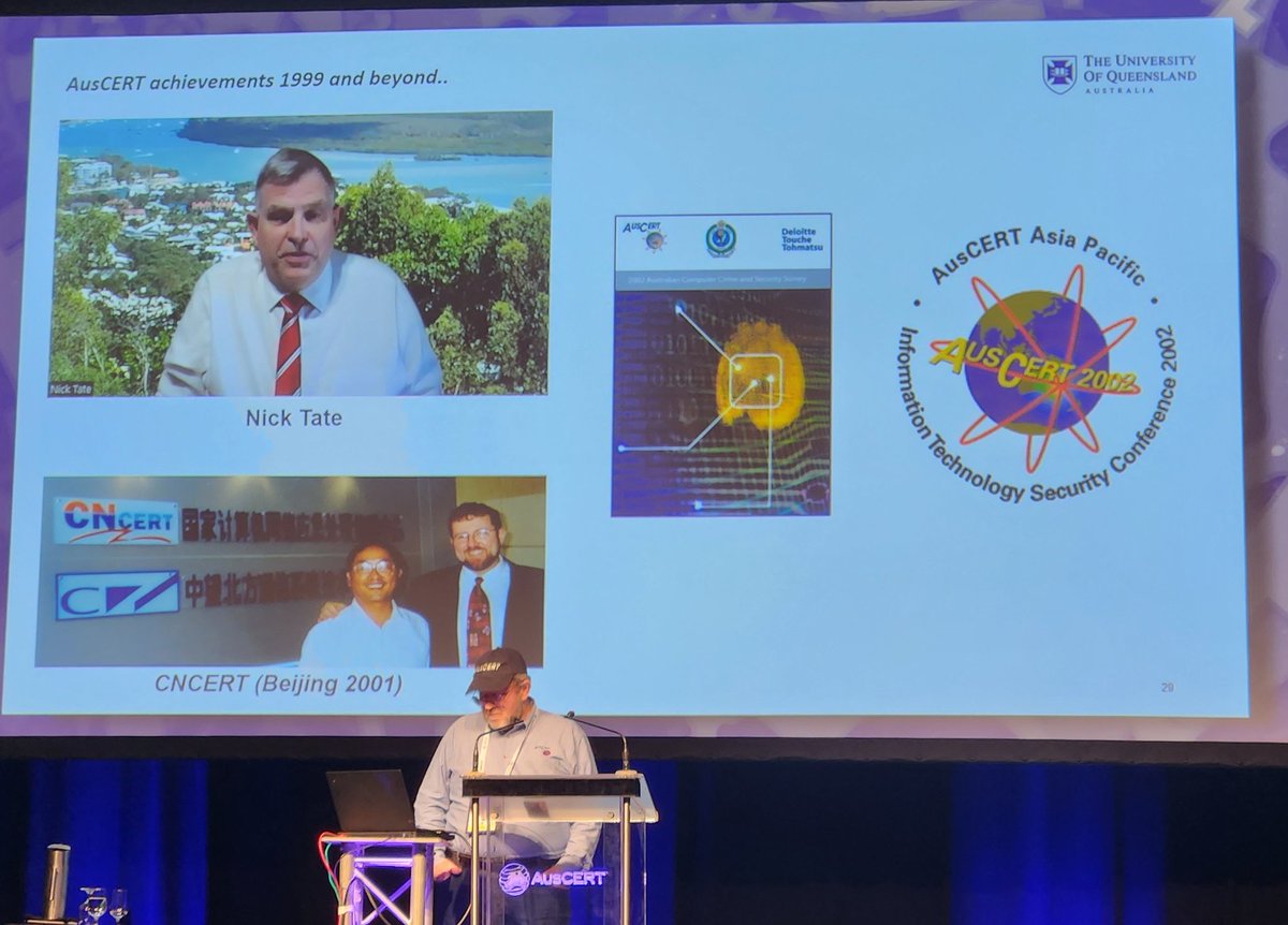 Vintage <a href="/AusCERT/">AUSCERT</a>
Director Nick Tate mentioned AusCERT's role in training other CERTs, and starting the Conference in 2002 😍
#AusCERT2023