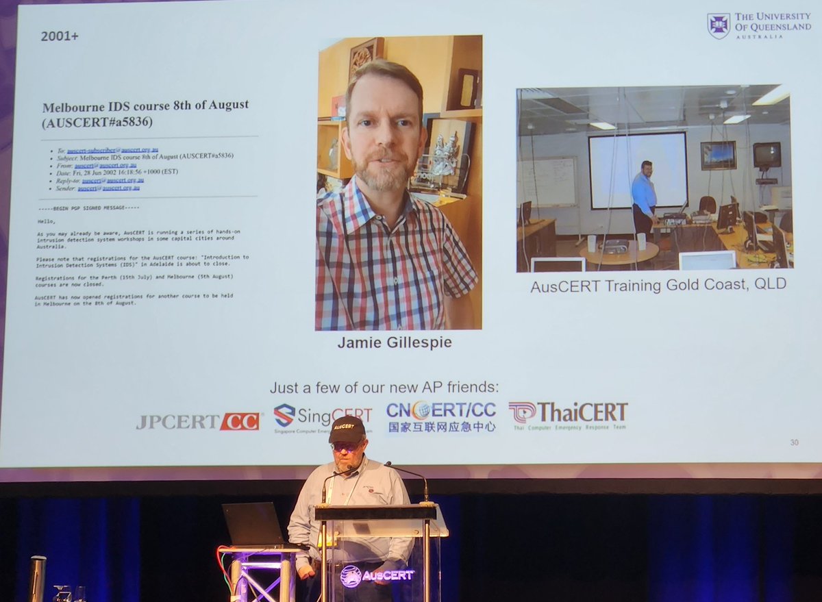 Jamie mentioned the network forensics and intrusion detection course in the early 2000s... I did that course!! 😀
#AusCERT2023