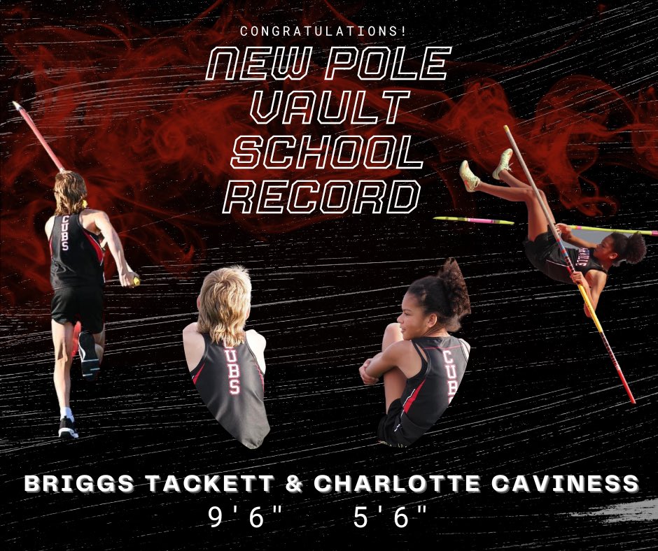 RCHSCoachK's tweet photo. 🚨 DUO NEW SCHOOL RECORDS 🚨 

Briggs Tackett &amp; Charlotte Caviness both broke BRMS school records in pole vault at conference this evening! Briggs cleared 9'6" and Charlotte cleared 5'6"! Briggs is also your EIAC Jr. High PV champion! https://t.co/3i57dDTO83