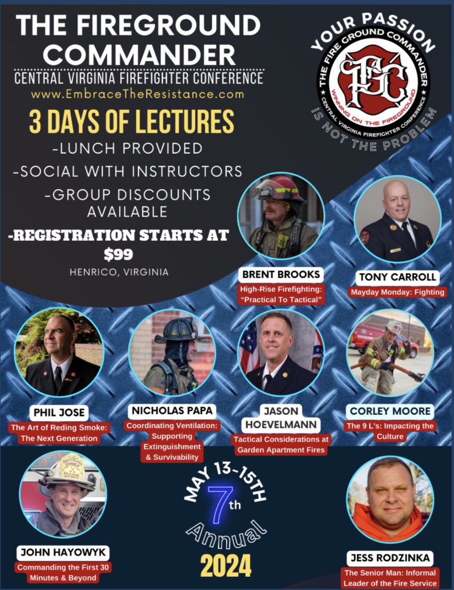 Fire__Commander's tweet image. Registration is now open for the 2024 Fireground Commander: Central Virginia Firefighter Conference. A few early bird registrations are still available at $99 before the price jumps to $175. 
Hope to see you there! #FGC2024