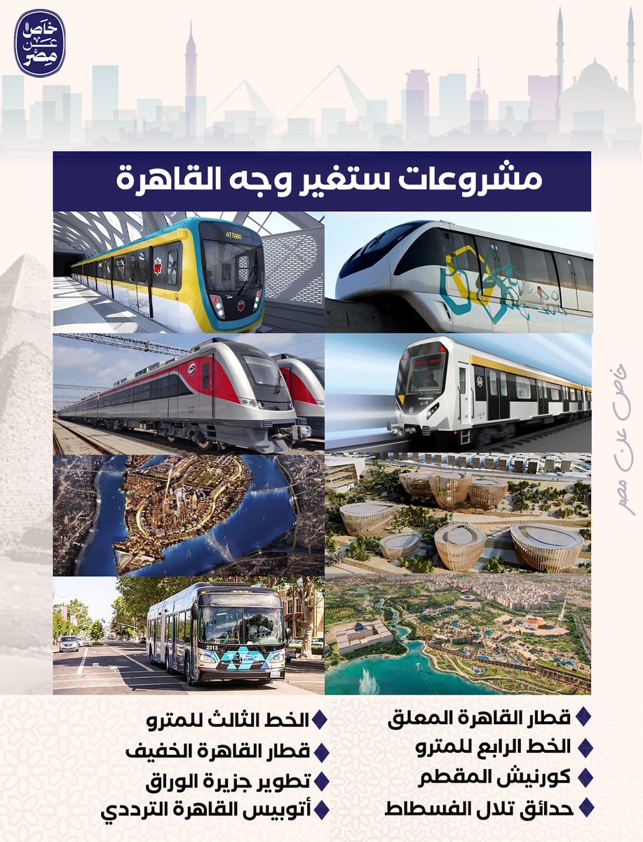 AboutMsr's tweet photo. تشهد العاصمة القاهرة طفرة ضخمة في بنيتها التحتية بحزمة من المشروعات ستُغير ملامحها بالكامل 

تُنفذ المشروعات الجديدة بالتوازي مع إزالة الأحياء العشوائية و استبدالها بأخرى حضارية و تفريغ العاصمة من المباني الادارية و الوزارات و مناطق عسكرية و نقلها إلى العاصمة الجديدة
#خاص_عن_مصر https://t.co/D07Hpc3wLt