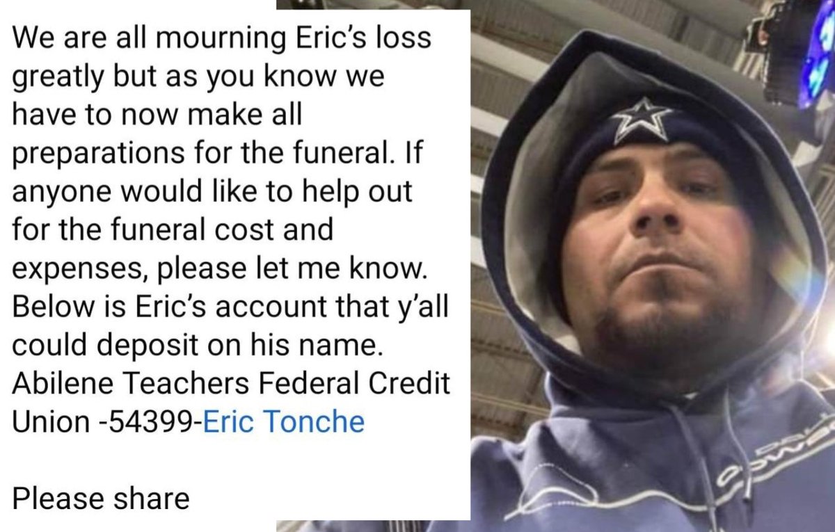 **Abilene,TX/Funeral Expense Fundraiser**
The family of Eric Tonche are raising funds for funeral expenses. Details on how you can help are below.
#lavoz933
#morecommunityinvolved