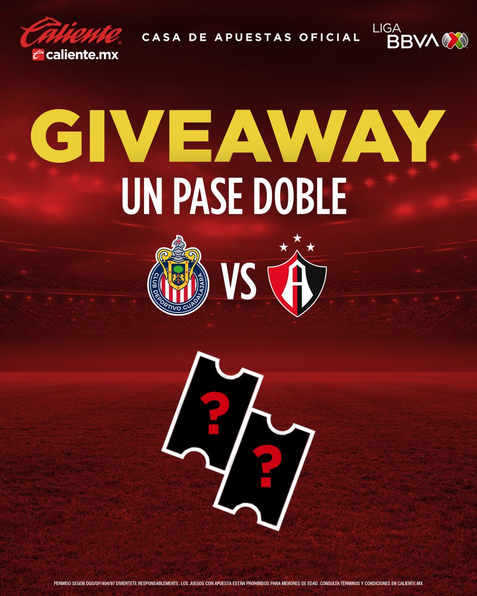calientesports's tweet photo. GIVEAWAY🏟️🎟️🎟️

GANA UN PASE DOBLE PARA #CHIVAS 🐐🆚  #ATLAS 🦊

1️⃣Dale RT y ❤️
2️⃣Sigue a @calientesports en TW e IG este link 📲 https://t.co/HqZQLiHyf0
3️⃣Etiqueta a un amigo, dinos porqué tu equipo va a pasar a las Semifinales y agrega el hashtag  #MásAcciónMásDiversión 🔥 https://t.co/x0l6BwDvXS