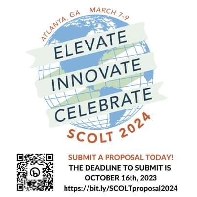 Have an amazing idea or lesson to share? Consider submitting a proposal for SCOLT 2024: Elevate, Innovate, Celebrate. Deadline to submit a proposal is October 16, 2023 Submit your proposal at bit.ly/SCOLTproposal2… 2024 SCOLT Conference Proposal @_SCOLT_ @actfl @gadoeworldlang
