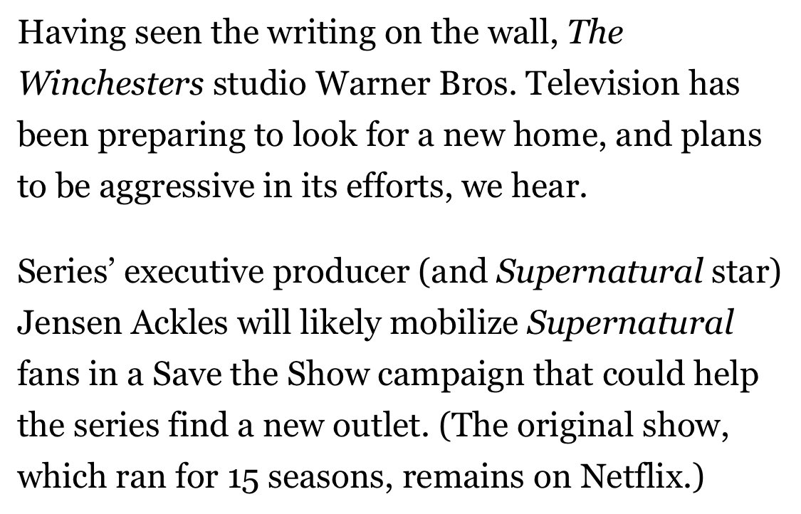 “Jensen Ackles will likely mobilize #Supernatural fans in a Save the Show campaign”

I think we should give him a head start, personally.

#SaveTheWinchesters