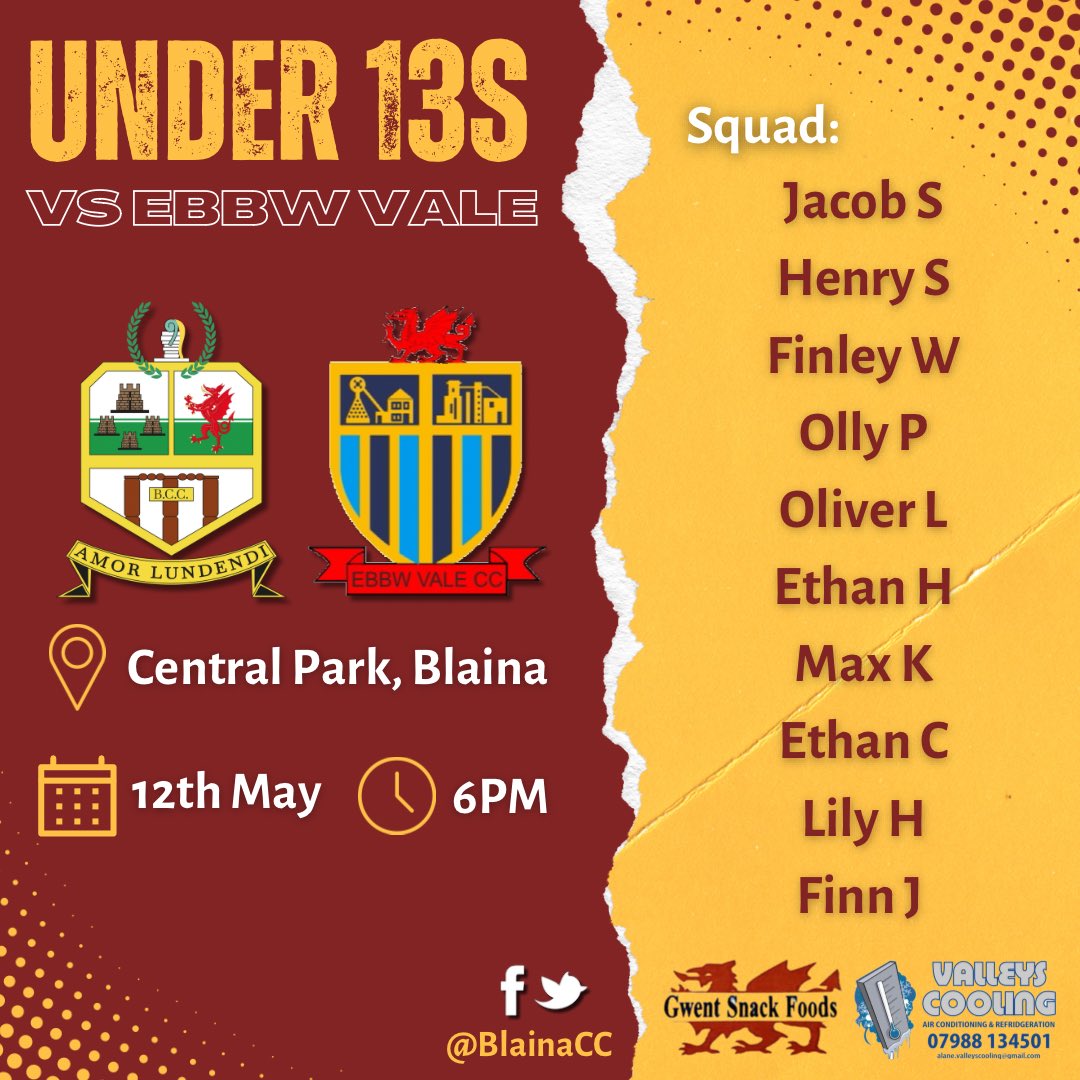 🏏| UNDER 13s FIXTURE

Our under 13s are back in action tomorrow as they welcome <a href="/EbbwValeCC/">Ebbw Vale CC</a> u13s to Central Park. 

This will be our under 13s first HOME competitive fixture so we’re looking forward to seeing them in #BlainaCC colours on the park!
Good luck!
