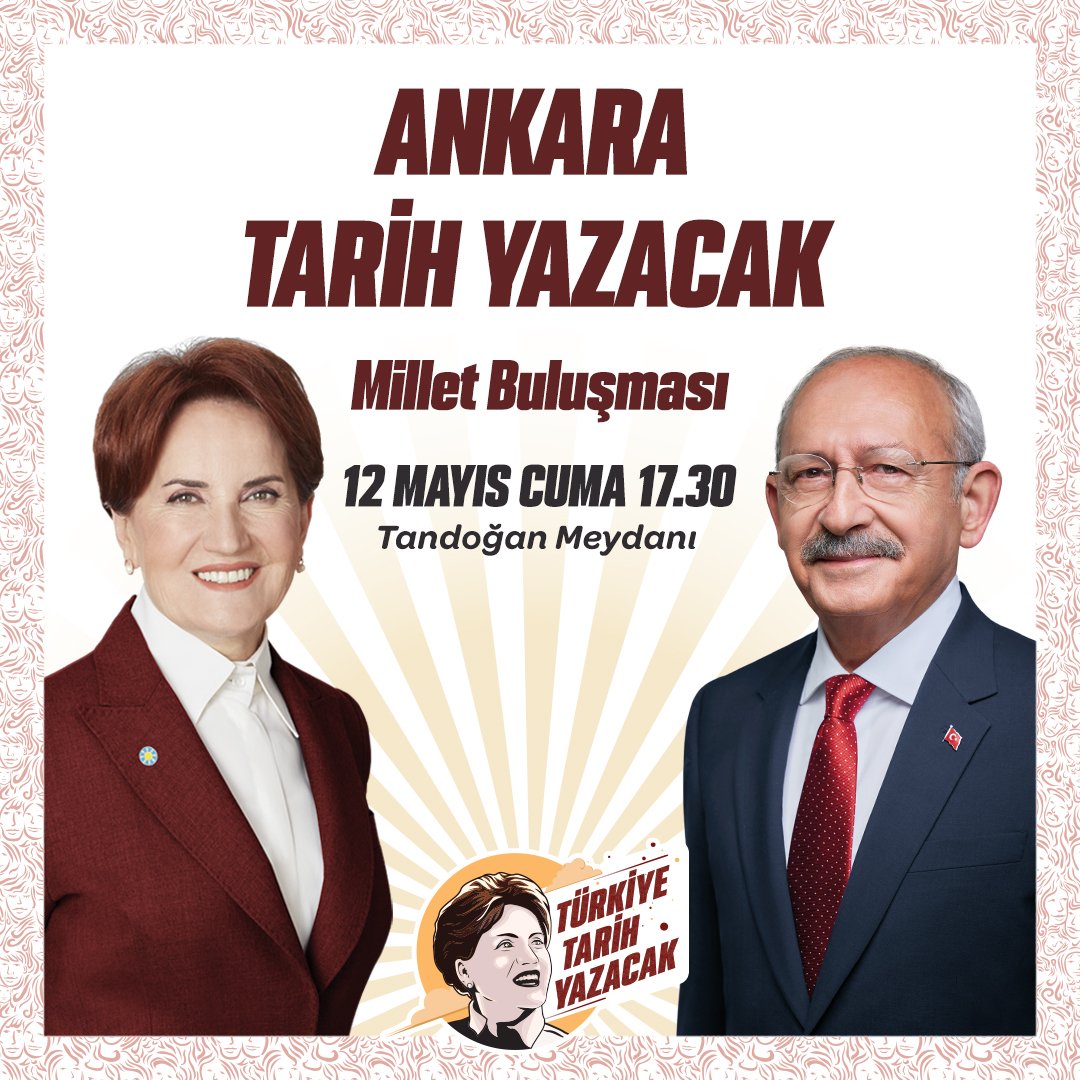 Millet İttifakı olarak;

📍12 Mayıs Cuma günü (yarın) 
🕠17:30'da Ankara’da Millet Buluşmamızdayız…

Hiç kimsenin endişesi olmasın;
14 Mayıs'ta #TürkiyeTarihYazacak!