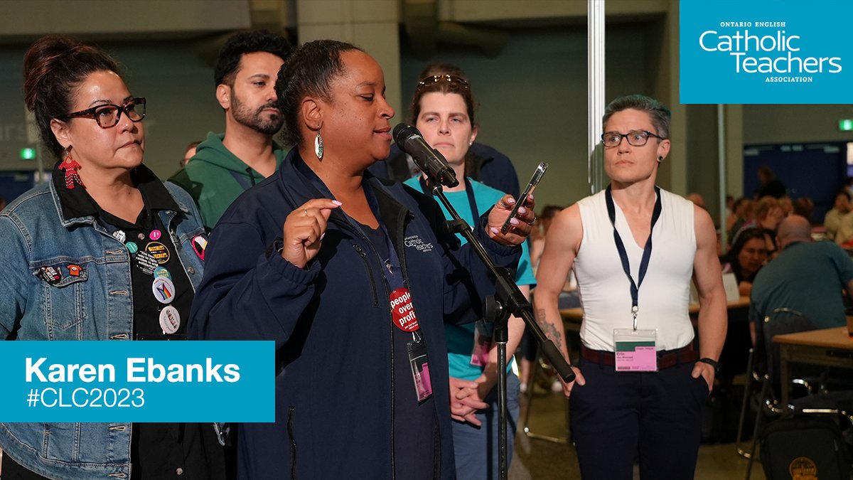 OECTAProv's tweet photo. Karen Ebanks &amp; #CatholicTeachers at the mic, speaking passionately about @YorkOECTA standing up against intolerance &amp; bigotry, and urging #CLC2023 delegates to promote safe &amp; welcoming environments for all in the 2SLGBTQIA+ community &amp; to “stamp out hate” wherever it exists. https://t.co/I0THsobizK
