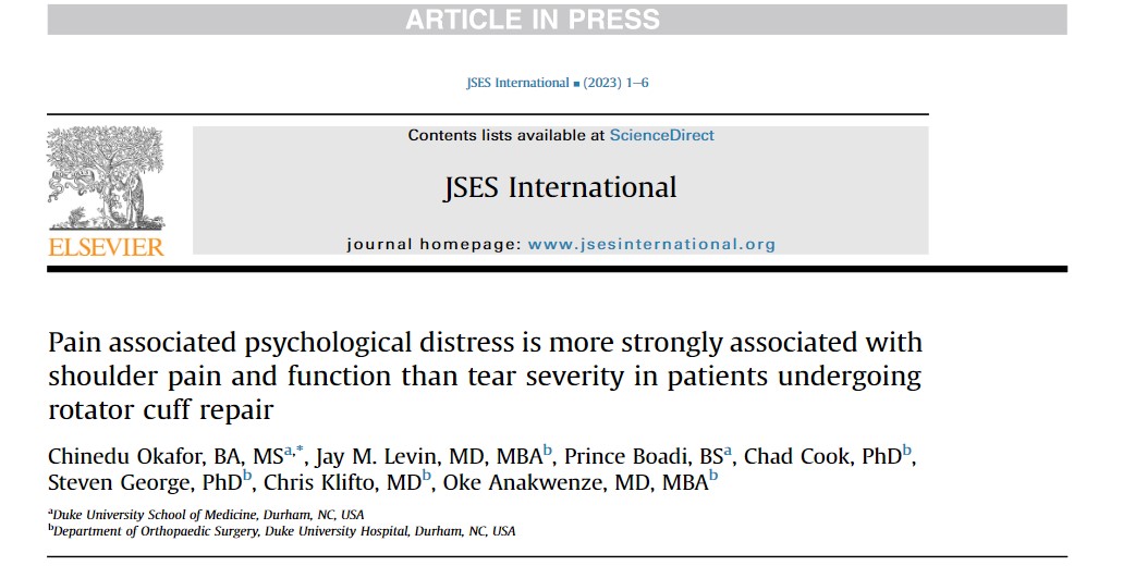 Another great reason to look at psychological distress when addressing shoulder RTC tears. Our latest paper sciencedirect.com/science/articl…