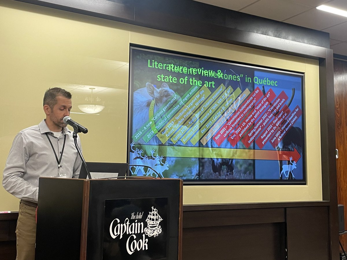 ClaytonTLamb's tweet photo. Absolute bell-ringer talk by Martin-Hugues St-Laurent on the caribou “recovery” process in QC. Politically-expedient delays and additional plans resulted in the eventual loss of the caribou and worsening habitat, instead of their recovery @nacw_auc_2023 #nacwauc2023 #NACW_AUC2023 https://t.co/ouyTZV2JOV