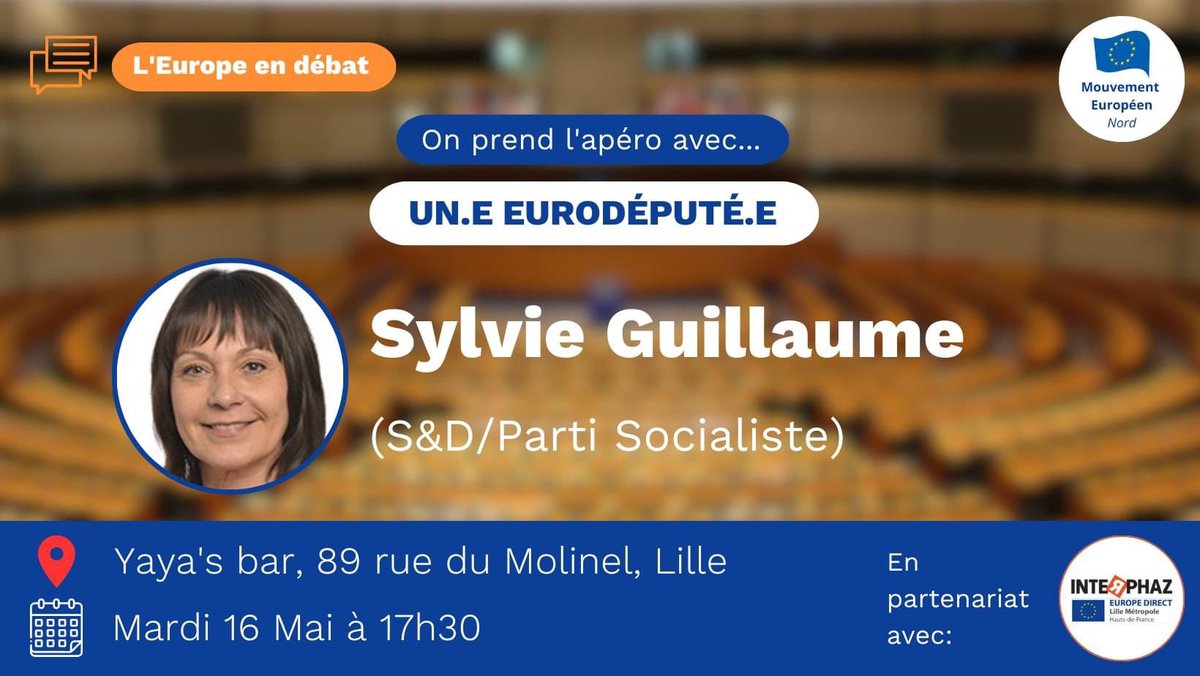 MargauxRouchet's tweet photo. Le @MEFnord est très heureux de vous convier au 2eme de ses #apéros organisés dans le cadre de la Fête de l’#Europe à #Lille 🤩

✅ Nous recevrons @sylvieguillaume, ce mardi 16 mai à 17:30. 

💚 Venez partager une boisson 🍻et poser toutes vos questions !

#RallumezLesEtoiles https://t.co/A6x5SlihyV